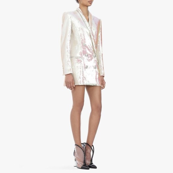 Boutique Jackets & Blazers - White Sequin Pearl Blazer With Silver Lion Head Buttons Size Small